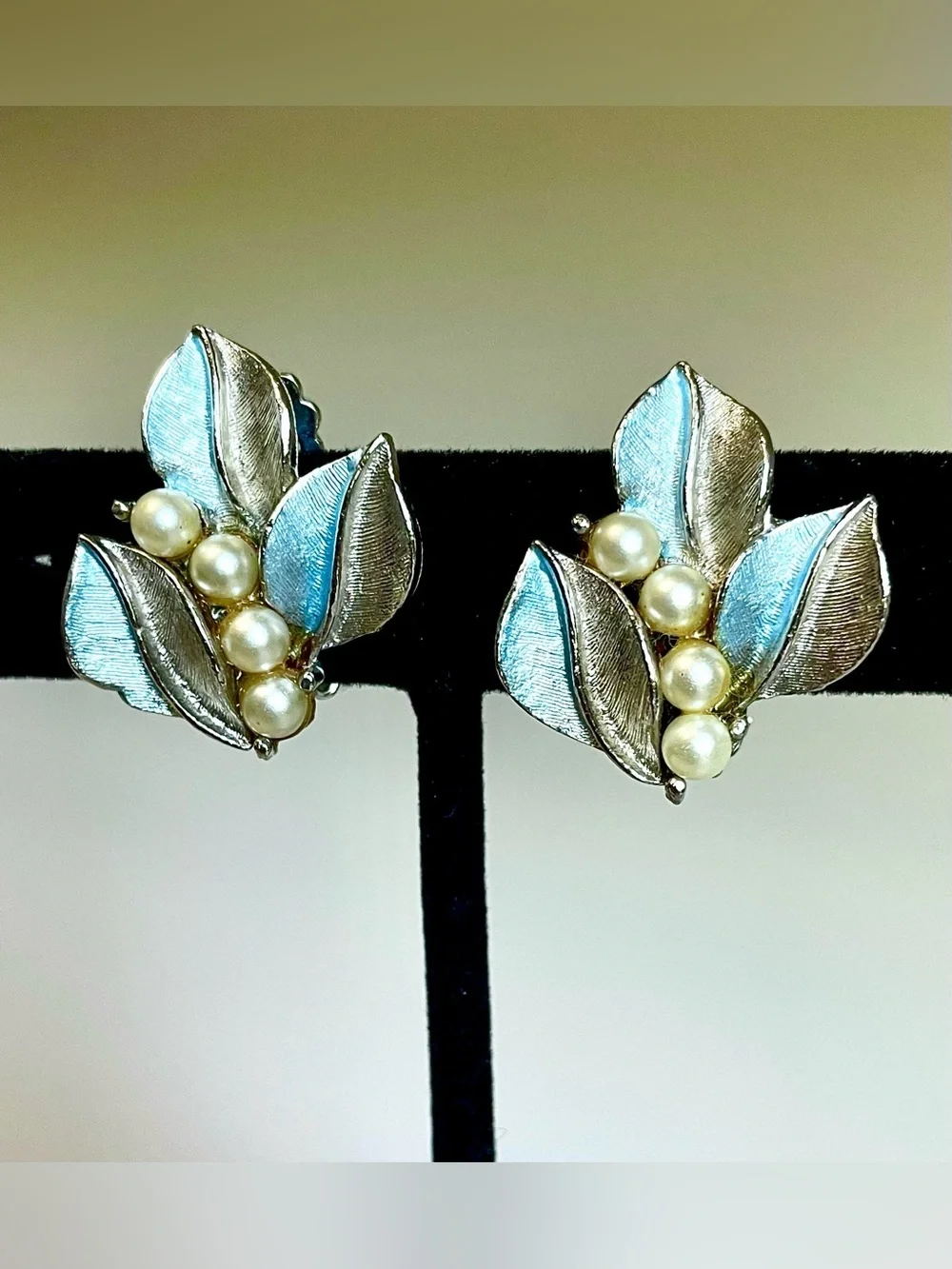 Vintage 1960s Blue Leaf Faux Pearl Cluster Clip Earrings Silver-Tone Floral MCM